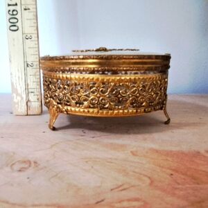 Vintage 1940's Footed Globe Glass and 24k Gold Plated Jewelry/Powder Box